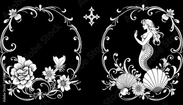 Obraz PNG transparent vintage vignettes with floral swirls, mermaid and seashells, antique nautical decorative element as black outline isolated, pop-art, with white tones