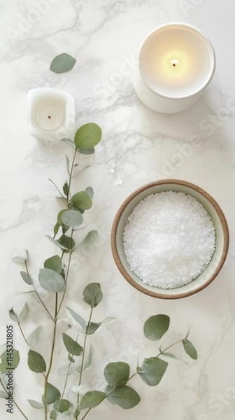 Fototapeta A bowl filled with sea salt lies next to fresh eucalyptus leaves and a softly glowing white candle all beautifully arranged on a white marble surface to enhance a calming spa ambiance
