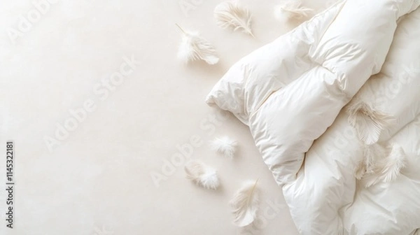Fototapeta An eco-friendly eiderdown duvet is elegantly laid out on a light stone surface with soft feathers peeking from one corner. This calming arrangement creates a serene and inviting atmosphere