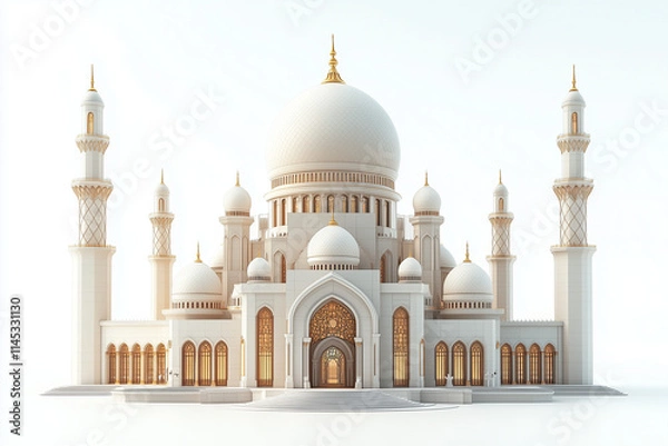 Fototapeta A minimalistic 3D illustration of a Middle Eastern mosque with its iconic dome and minarets, placed against a blank white background. The design emphasizes clean lines and cultural elegance.