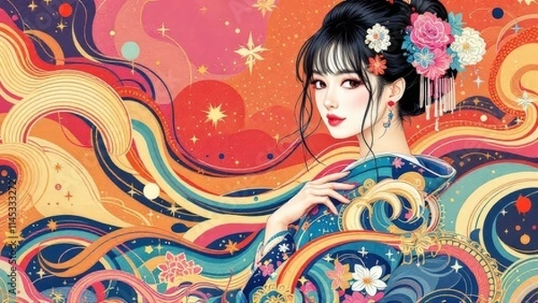 Fototapeta Elegant Woman in Colorful Kimono with Floral Accents and Flowing Patterns