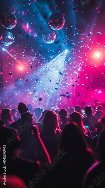 Obraz New Year's Eve dance party, colorful disco lights, DJ booth in action, energetic crowd, festive atmosphere