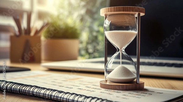 Fototapeta The image of an hourglass dominating a calendar starkly illustrates the importance of adept time