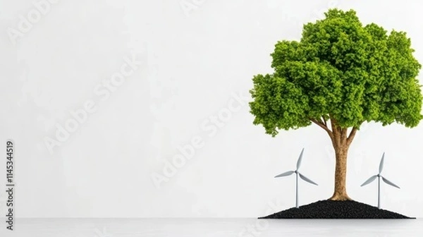 Fototapeta A vibrant green tree stands on soil, flanked by two wind turbines, symbolizing renewable energy and environmental sustainability.