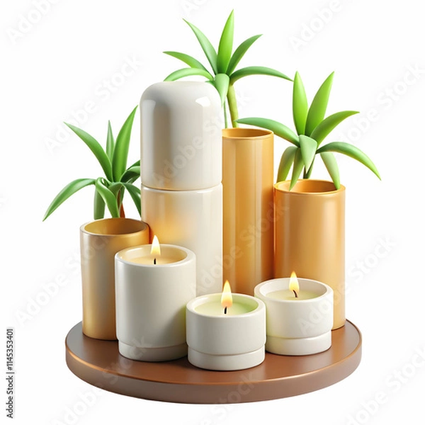 Fototapeta Elegant Aromatherapy Setup with Candles and Essential Oils on Glossy Background