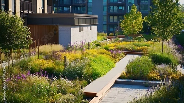 Fototapeta A thoughtful depiction of green infrastructure integrating parks rain gardens and green roofs to manage water reduce heat and welcome wildlife 
