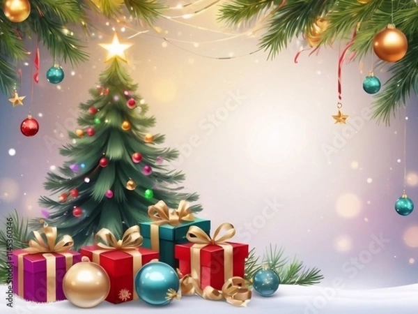 Obraz Christmas greeting holiday card template banner design with place for text. Christmas tree, balls, gift boxes, stars, ribbons and light. Merry Christmas and Happy New Year 2025