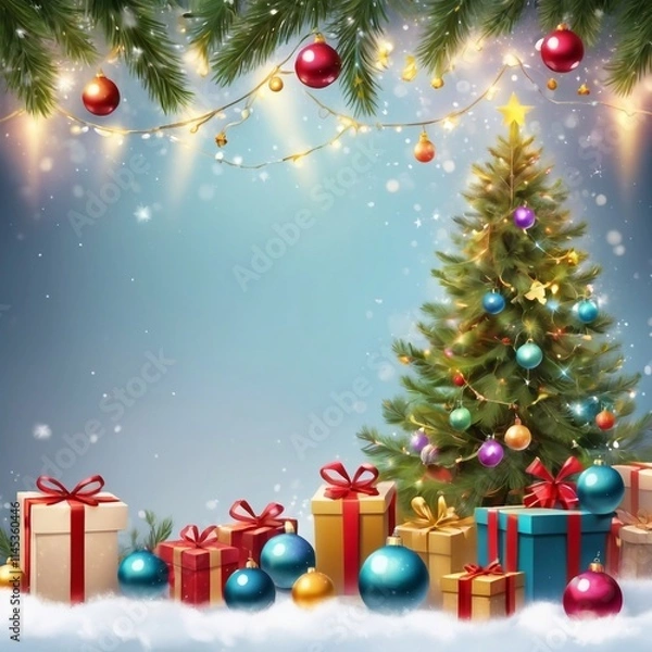 Fototapeta Christmas greeting holiday card template banner design with place for text. Christmas tree, balls, gift boxes, stars, ribbons and light. Merry Christmas and Happy New Year 2025