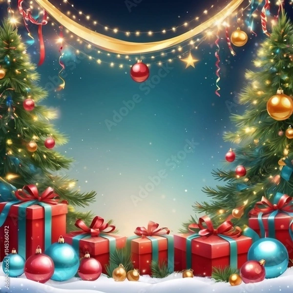 Obraz Christmas greeting holiday card template banner design with place for text. Christmas tree, balls, gift boxes, stars, ribbons and light. Merry Christmas and Happy New Year 2025