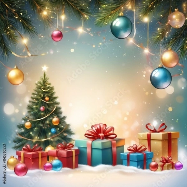Fototapeta Christmas greeting holiday card template banner design with place for text. Christmas tree, balls, gift boxes, stars, ribbons and light. Merry Christmas and Happy New Year 2025