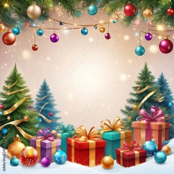 Fototapeta Christmas greeting holiday card template banner design with place for text. Christmas tree, balls, gift boxes, stars, ribbons and light. Merry Christmas and Happy New Year 2025
