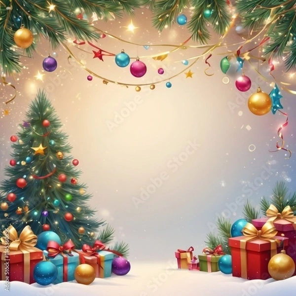 Fototapeta Christmas greeting holiday card template banner design with place for text. Christmas tree, balls, gift boxes, stars, ribbons and light. Merry Christmas and Happy New Year 2025
