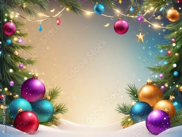 Fototapeta Christmas greeting holiday card template banner design with place for text. Balls on Christmas tree branch, stars, ribbons and light. Merry Christmas and Happy New Year 2025