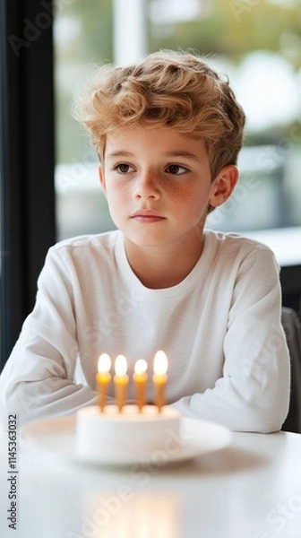 Fototapeta A young Jewish boy with light tan skin sits thoughtfully at a white table observing a menorah with two flickering candles. Soft daylight from a window creates a warm atmosphere inviting reflection