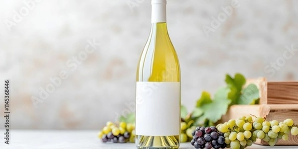 Obraz This mockup features a sleek white wine bottle with an empty label surrounded by fresh grapes. The subtly blurred background creates an elite atmosphere perfect for marketing and design projects