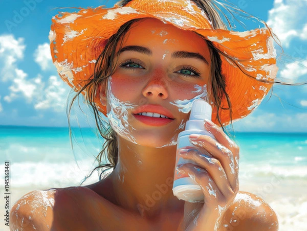 Obraz Woman Using Large Amounts of Sun Cream, Beach Setting, Cartoon Style