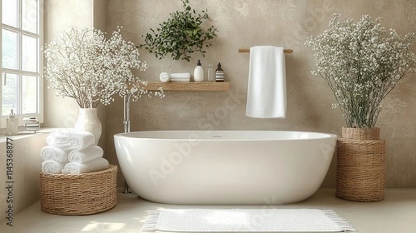 Fototapeta A serene bathroom featuring a freestanding tub, plants, and neatly arranged towels.