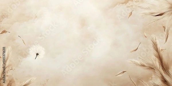 Fototapeta Dandelion seeds and feathers float gently on a beige background