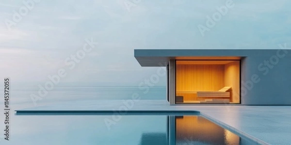 Fototapeta A serene outdoor sauna overlooks a calm pool featuring minimalistic architecture and warm wooden interiors. The setting promotes relaxation and tranquility during twilight hours