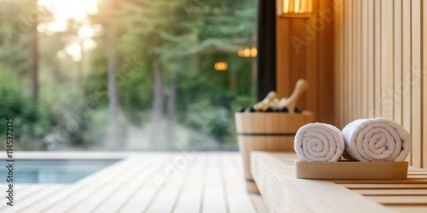 Obraz A person takes a moment for themselves in an outdoor sauna enveloped in soft lighting that enhances the warm atmosphere of relaxation. The minimal background features a natural setting