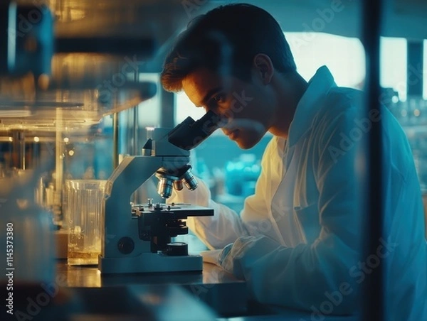 Obraz Young Male Scientist Examining Sample Under Microscope in Laboratory