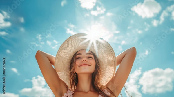 Obraz Sunlit Portrait of Woman Shading Face with Arms Against a Clear Blue Sky