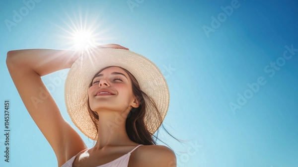 Obraz Relaxed Summer Moment: Woman with Straw Hat Under Vibrant Sunshine