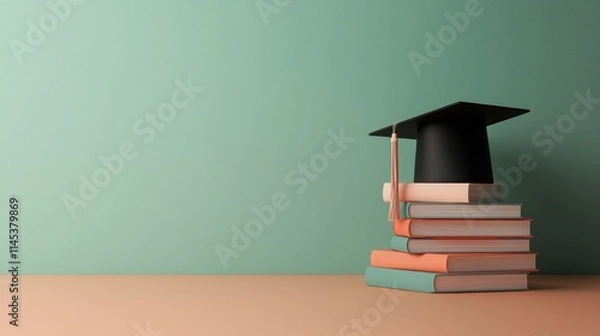 Fototapeta Graduation study cap on books soft light pastel environment