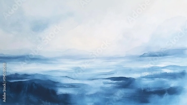 Fototapeta Serene abstract landscape painting in shades of blue, depicting a misty mountain range and vast expanse of sky.
