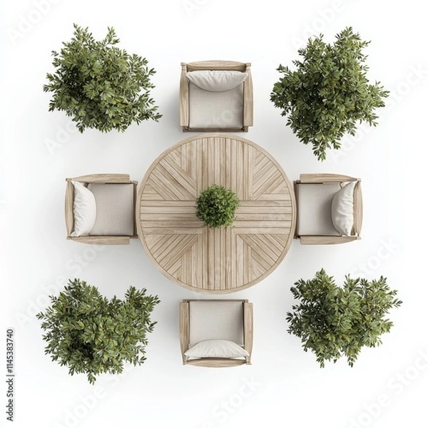 Obraz A stylish outdoor dining setup featuring a round wooden table surrounded by six cushioned chairs and decorative greenery.