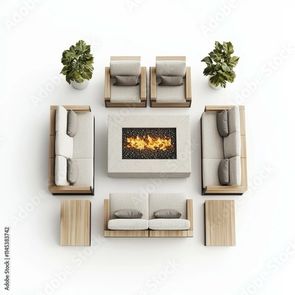 Fototapeta A modern outdoor seating arrangement with a central fire pit, surrounded by stylish chairs and tables, accentuated by potted plants.