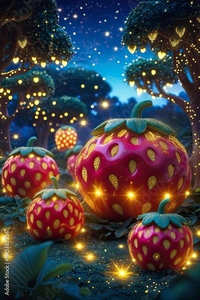 Fototapeta  magical strawberry garden glowing under a twilight sky, with oversized strawberries the size of pumpkins, sparkling with golden fairy dust