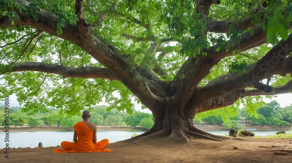 Obraz Monk Meditating Under the Sacred Bo Tree