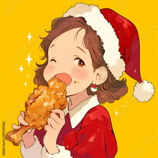 Fototapeta フライドチキンを頬張るサンタ帽の女の子のイラスト