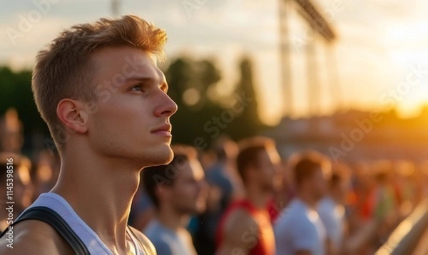 Fototapeta Young man gazing thoughtfully at a sunset during a crowd event.