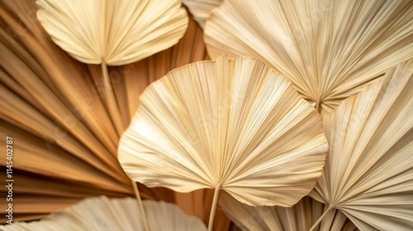 Fototapeta 75.Elegant arrangement of dried palm leaves fanned out to show off their varied shades, from warm beige to deep brown. The natural textures and patterns of the leaves are visible, with each leafâ€™s