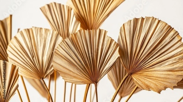 Obraz 97.A cluster of dried, fan-shaped palm leaves against a white backdrop, with detailed textures and fine lines visible on each leaf. The leavesâ€™ warm brown tones contrast gently with the bright