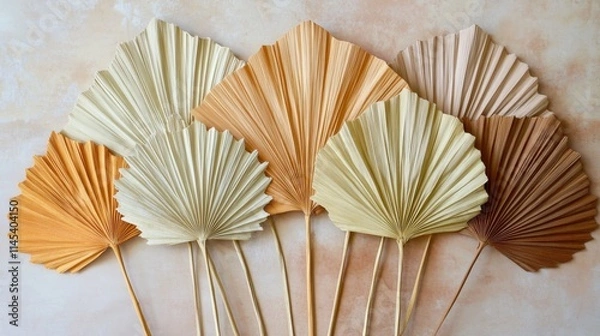 Fototapeta 71.A collection of dried palm leaves arranged in a fan shape, with each leaf displaying unique textures and natural folds. The leaves vary in shades from light beige to deep brown, with fine lines