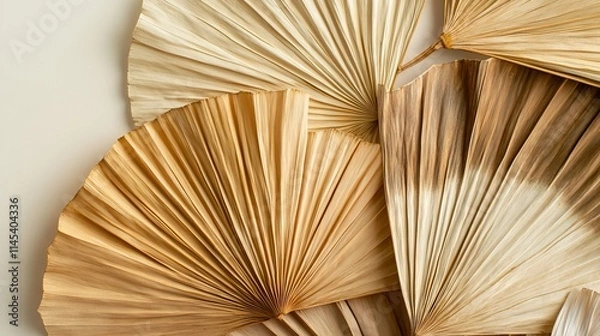 Fototapeta 68.Fan-shaped display of dried palm leaves in shades of brown and beige, arranged to highlight their organic patterns and textures; each leaf has visible folds and natural imperfections, creating an