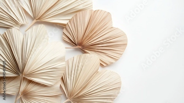 Fototapeta 96.Close-up of dried palm leaves arranged against a white background, showcasing the fan-shaped leaves with intricate natural textures. The pale, earthy hues of the leaves create a rustic aesthetic,