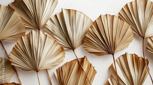 Fototapeta 99.Fan-shaped dried palm leaves placed on a white background, with close-up details of each leafâ€™s texture and structure. The dry, warm colors of the leaves add a rustic touch, while the negative