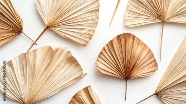 Fototapeta 99.Fan-shaped dried palm leaves placed on a white background, with close-up details of each leafâ€™s texture and structure. The dry, warm colors of the leaves add a rustic touch, while the negative