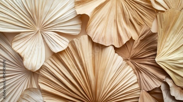 Fototapeta 73.A beautifully fanned display of dried palm leaves in varying shades of brown and beige, arranged to highlight their earthy textures and intricate lines. The leavesâ€™ natural patterns add depth,