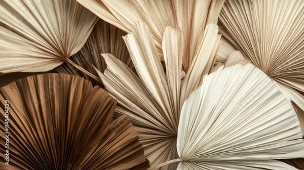 Fototapeta 73.A beautifully fanned display of dried palm leaves in varying shades of brown and beige, arranged to highlight their earthy textures and intricate lines. The leavesâ€™ natural patterns add depth,