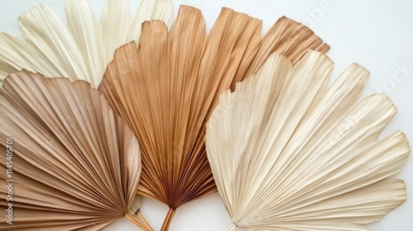 Fototapeta 67.Dried palm leaves laid out in a fan-shaped arrangement, with a gradient of soft browns and beiges; the leavesâ€™ textures are emphasized, highlighting the natural lines and subtle curves,