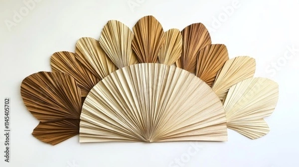 Fototapeta 67.Dried palm leaves laid out in a fan-shaped arrangement, with a gradient of soft browns and beiges; the leavesâ€™ textures are emphasized, highlighting the natural lines and subtle curves,