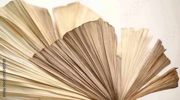 Fototapeta 70.Dried palm leaves set in a fan-like shape, displaying a range of beige and brown hues; the textures of each leaf are detailed, with visible lines and natural folds, all showcased against a light