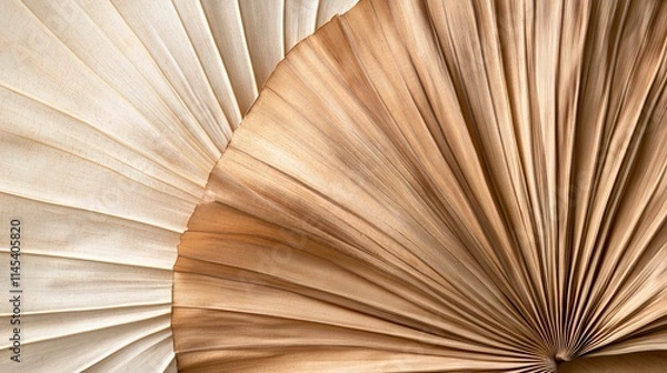 Fototapeta 70.Dried palm leaves set in a fan-like shape, displaying a range of beige and brown hues; the textures of each leaf are detailed, with visible lines and natural folds, all showcased against a light