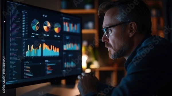 Fototapeta Nightly Data Analysis: A focused businessman scrutinizes complex data charts on a large monitor, illuminated in the dim light of his home office.  A captivating image for articles about data analysis.