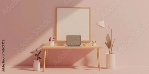 Fototapeta Minimalist Workspace Design Featuring Laptop and Plants